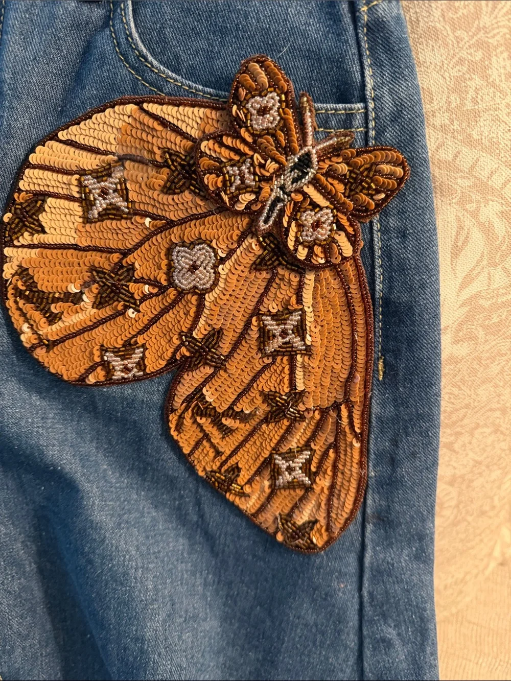 Blue Denim Maxi Skirt with Brown Floral Patch Embellishment